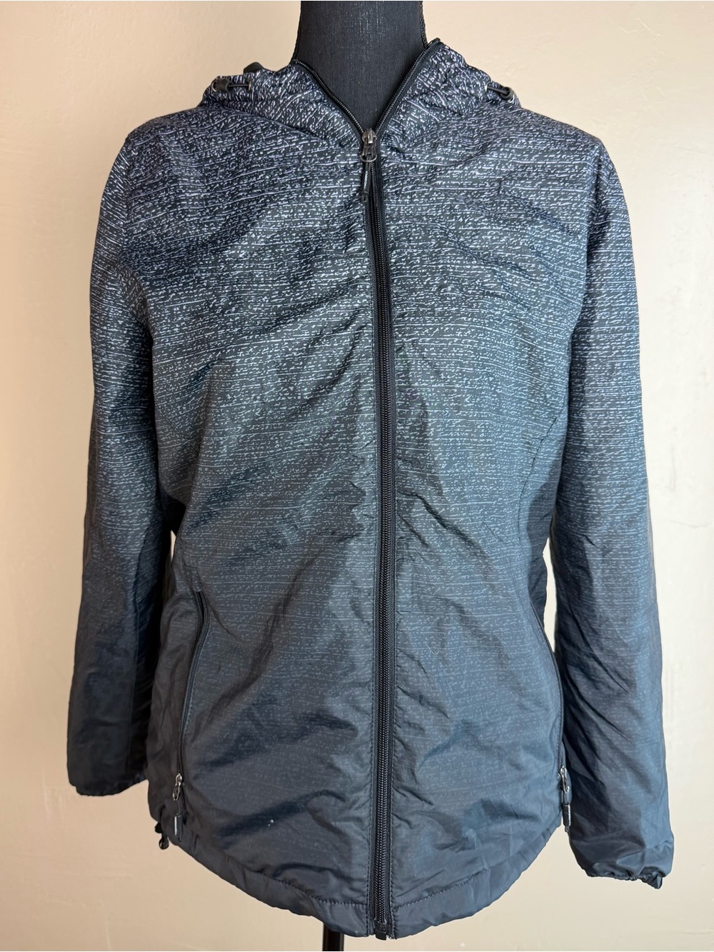 New Balance Black Reflective Dash Print Hooded Running Windbreaker Jacket M⁠